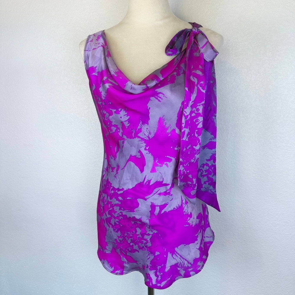 Cabi 100% Silk Floral Cowl Neck Sleeveless Top Pink Purple Grey Tie Accent Sz XS - Picture 2 of 9